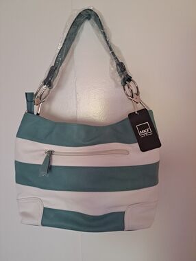 MKF collection Emily Women's Stripe Hobo Ba Teal and White Striped .